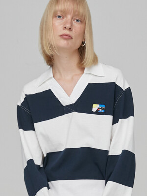 STRIPE COLLAR LOOSE T-SHIRT - NAVY