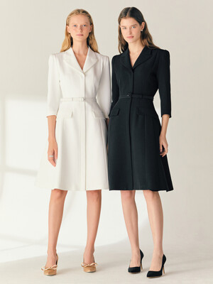 AGATHA Notched collar three-quarter sleeve A-line midi dress (Off white/Black)