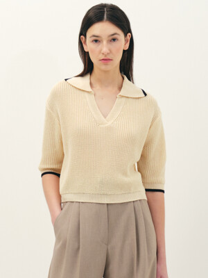 V-neck collar cotton knit top_cream