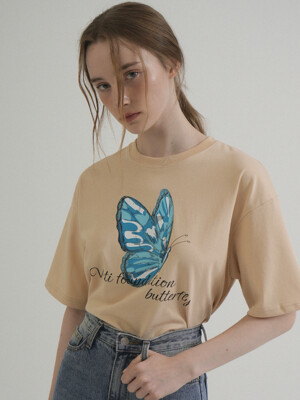 Color Butterfly Art Work Printing T-shirt (Beige)