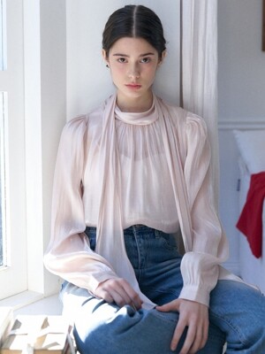 tie collar silky glossy blouse_pink