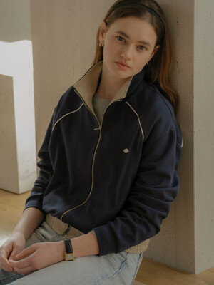 Contrast coloring high neck detail jersey zip-up_Navy
