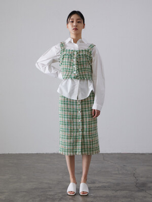 BUTTON POINT TWEED SKIRT -  GREEN