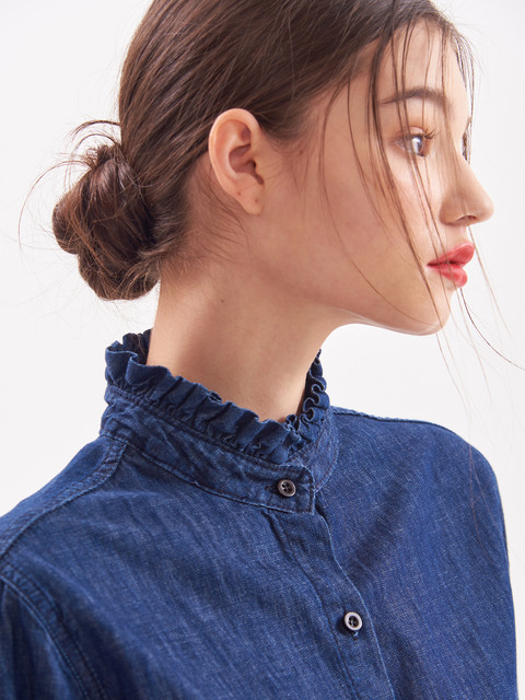 데님 - 언노운플라넷 (UNKNOWN PLANET) - UP-143 mandarin collar denim blouse