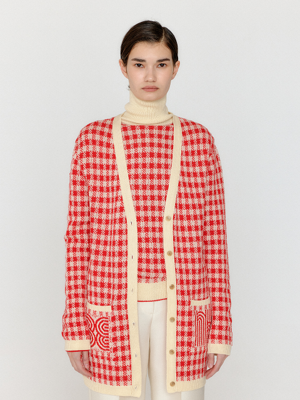 VINKLING Gingham Check Knit Midi Cardigan - Red/Ivory