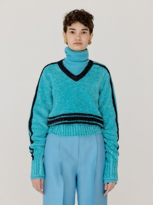 VARINA Paneled Knit Pullover - Sky Blue/Navy