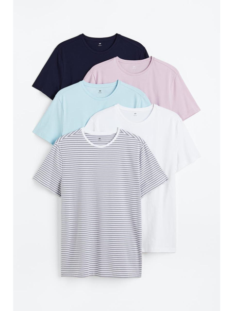 티셔츠 - 에이치엔엠 (H&M) - 슬림핏 티셔츠 5장 세트 라이트 블루/라이트 퍼플 0624684024