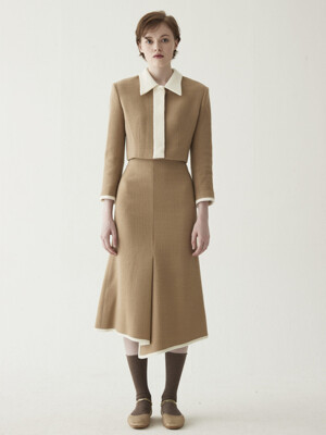 Tweed Wool Front Slit Skirt - Sand