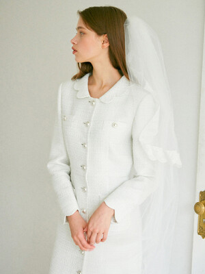 [주문제작][EJnolee White Flame]Petal Collar Tweed White Dress