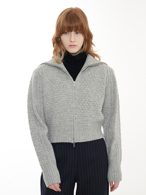 Big Collar Zip-up Cardigan_Melange Grey