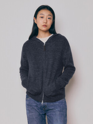 [Women] Baby Alpaca Hooded Zip-Up Pocket Cardigan (Charcoal)