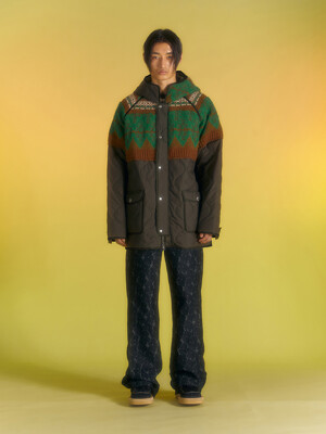 UNISEX NORDIC KNIT PATCH QUILTED PARKA awa555u(KHAKI)