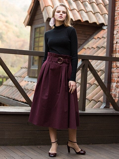Belted Long Skirt_Wine