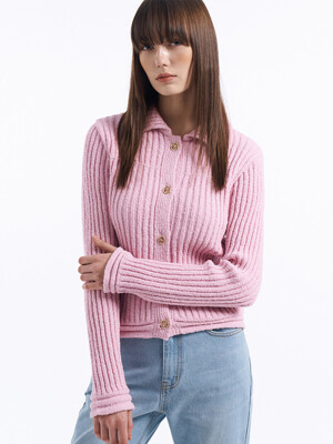 Ribbed Collar Knit Cardigan[LMBCSPKN172]-Pink