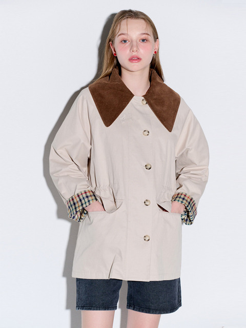 아우터 - 오프닝선샤인 (OPENING SUNSHINE) - Corduroy collar half trench mac coat_Beige
