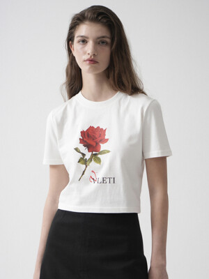 Rose Art Work Printing Crop T-shirt (White)