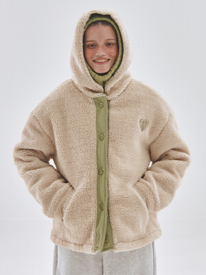 Fleece overfit color scheme embroidery fleece hooded midi jacket jumper [beige]