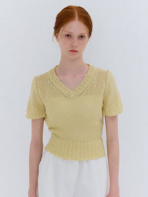 SUMMER V-NECK SHIRRING KNIT LEMON