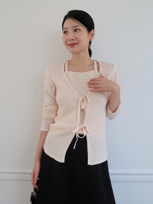 Ribbon layered cardigan - Pearled ivory