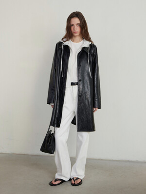 HIDDEN BUTTON LEATHER HALF COAT - BLACK