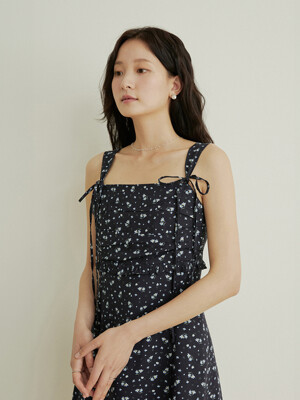 Flower pattern shirring mini dress - navy