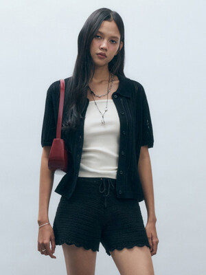 [속바지 SET] 레이스 크로쉐 니트 숏팬츠 블랙 MDPT065BLACK