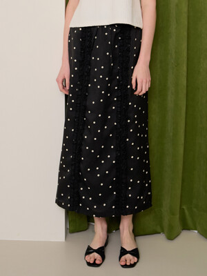 DOT LACE LONG SKIRT - BLACK