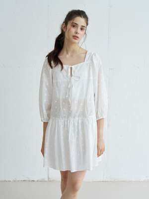 FLOWER EMBROIDERY RIBBON TIE DRESS_WHITE