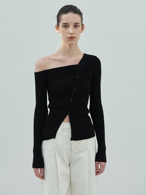 [EXCLUSIVE] W one off shoulder button knit (Black)