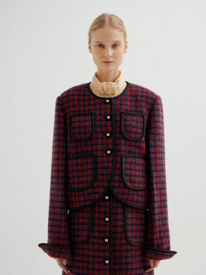 TWICE Check Paneled Short Jacket - Red Multi