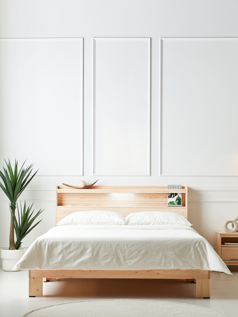가구/수납 - 하모벨 (hamovel) - 평상형 편백원목 침대프레임 LED헤드 퀸사이즈
