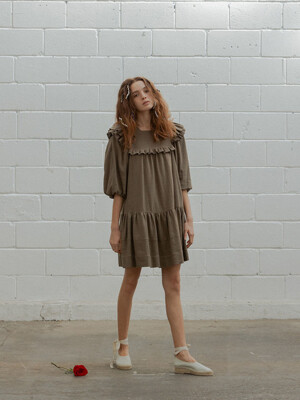 Puff Sleeve Short Dress (Khaki)