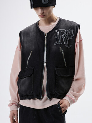 WASHING DENIM ZIPUP VEST - BLACK