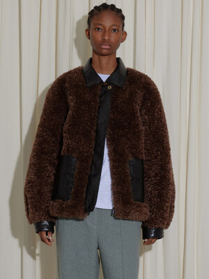 LEATHER COLORED FUR JACKET - BROWN
