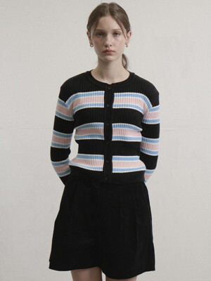 Cotton Round Stripe Knit Cardigan (Black)