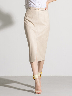 High-waist front slit belt skirt - beige