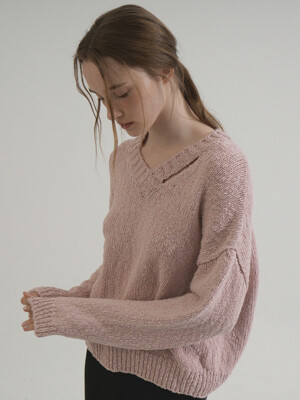 Cotton Slavic V-neck Cutting Knit (Pink)