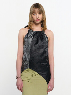 Two Tone Ribbon Paisely Halter-neck Top _ BLACK