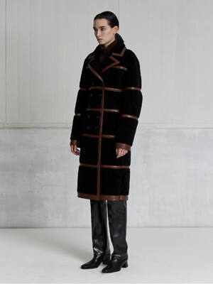 LINE CONTRAST SHEARLING COAT (BLACK)