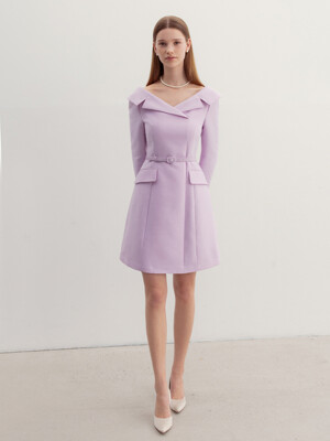 BELITA Wide V-neck notched collar wool silk mini dress (Lavender/Black)