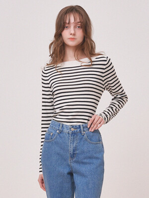 ETTA boat neck stripe knit_WHITE