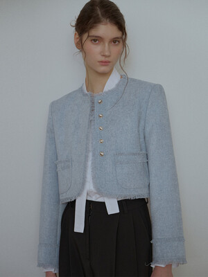 [단독]Crop Fringe Tweed Jacket [Blue]