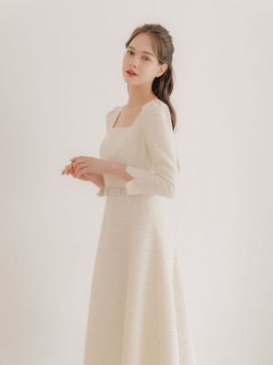 Tweed Square-neck Flare Dress / Ivory(3color)