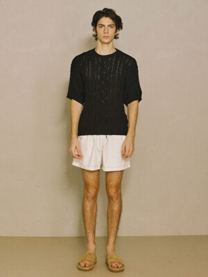 Cable Short-Sleeve Cotton Knit Sweater Black