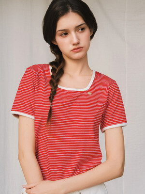 [단독] G Coloration Stripe Square Neck Half Tshirt_Red