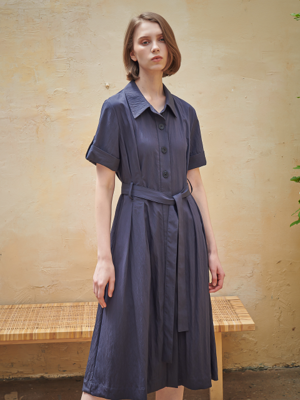 Belted Tailored Shirt One-Piece_Navy