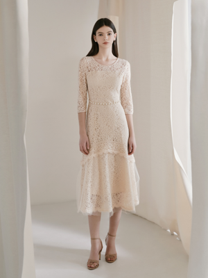CAROLINE / See-through Lace Chiffon A-Line Dress(beige)