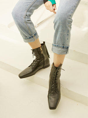 Square Toe Lace-up Ankle Boots - MD1090b Black