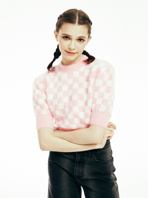 Pink Checkers Knit Crop Top