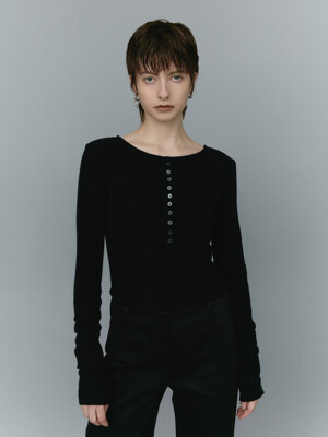 RIBBED WOOL BUTTON TOP (BLACK)